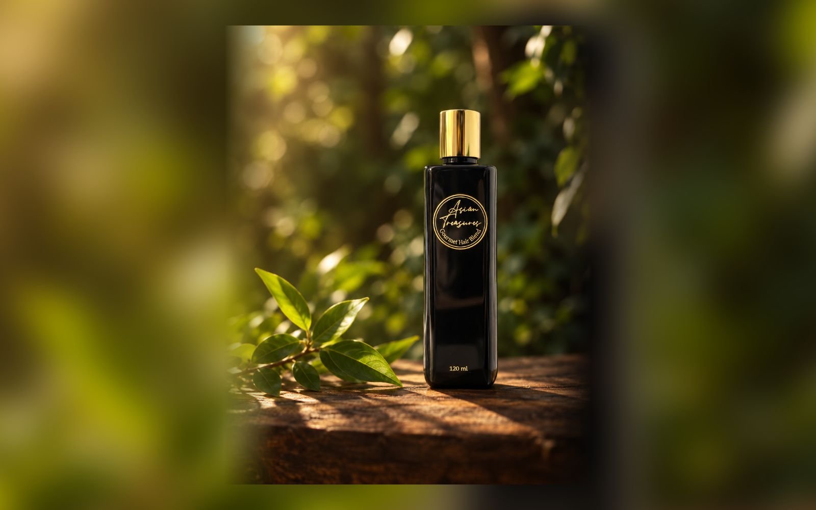 Asian Treasures Hair Revival Oil with gold cap in a sunlit botanical setting