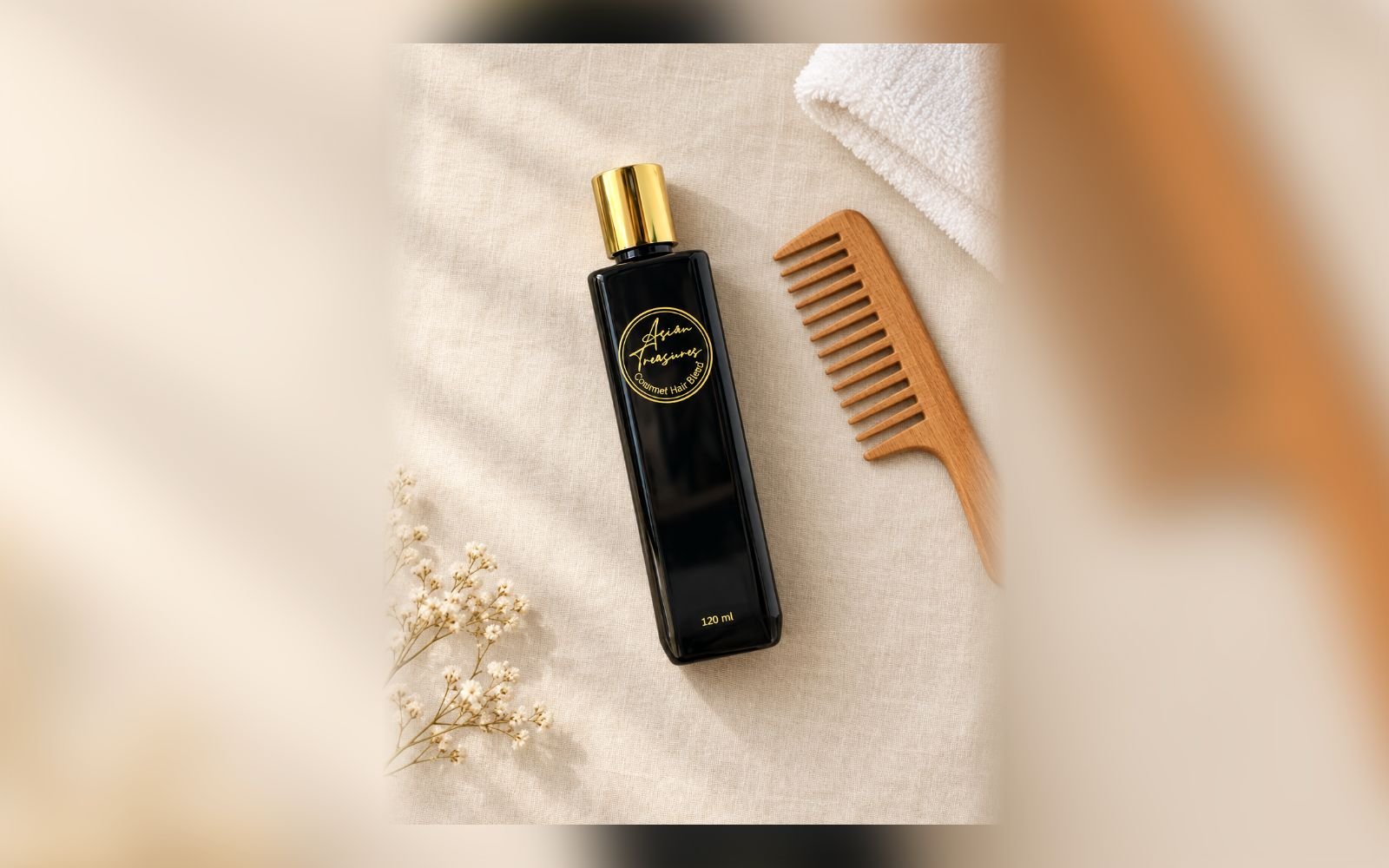 Asian Treasures capped black-and-gold Hair Revival Oil bottle with comb on ivory linen